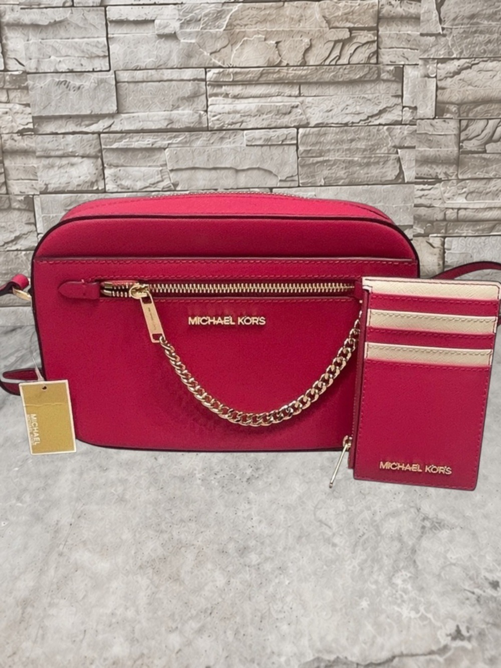 Michael Kors Large EW Chain Crossbody & Matching Wallet Electric Pink